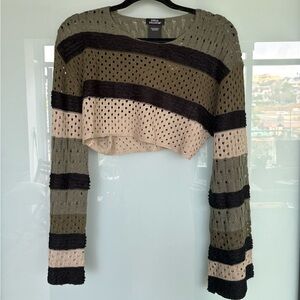 Hot Topic Cropped Open-Knit Stripe Sweater - Olive, Black, Grey